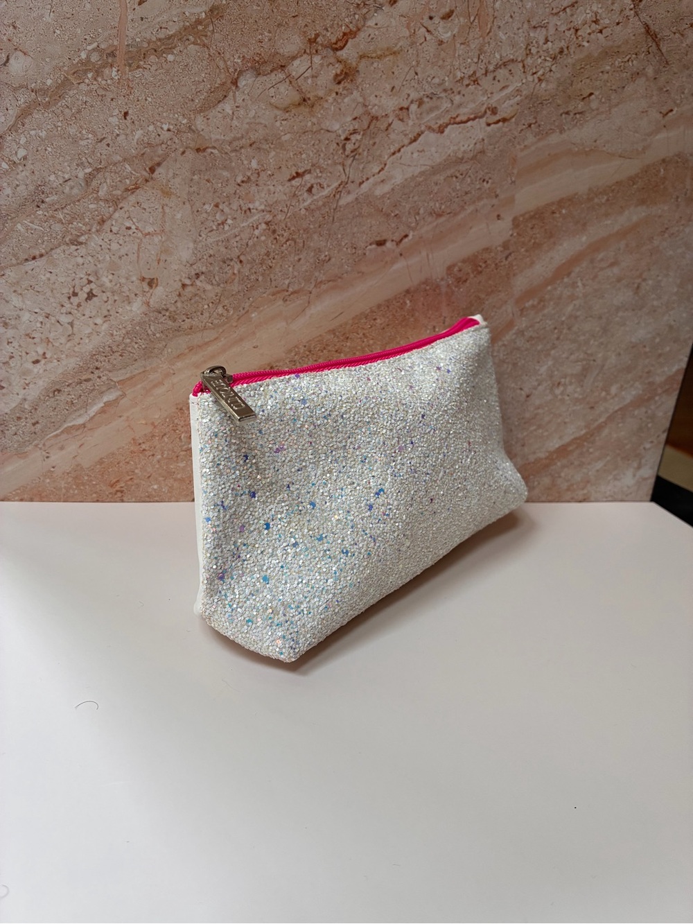 Clinique White Glitter Cosmetic Pouch with Hot Pink Zipper - Picture 2 of 2